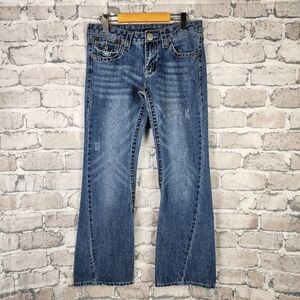 True Religion Joey Rainbow Stitch Low Rise Distressed Bootcut Jeans Blue Size 29